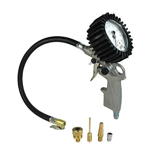 Geeichter Reifenfüller mit 4 Adaptern - Reifendruckmesser für präzise Messungen bis 10 bar, ideal für Auto, Motorrad und Fahrrad. Mit kinderleichter Handhabung und stoßgeschütztem Manometer für langlebige Qualität.