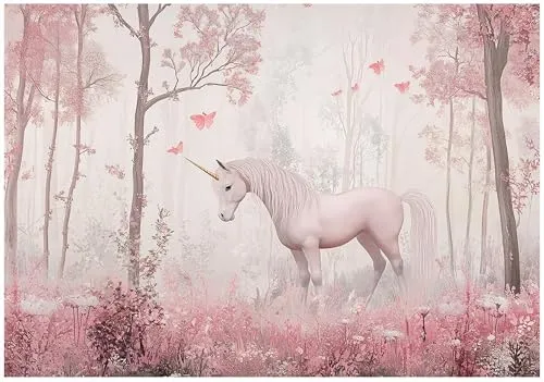 WallArena - Vlies Fototapete Kinderzimmer 200x140 cm Einhorn Fantasie - Fototapeten Tapeten für Kinder Mädchen - Kindertapete - Kinderzimmertapete Fantasy Tiere Wald Rosa