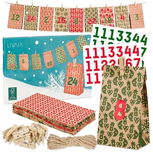 LIVAIA Adventskalender 2025 Frauen, Männer und Kinder: DIY Set zum Befüllen mit kleinen Geschenken - 24 bedruckte Papiertüten, Holzklammern, Adventskalender Tee Aufkleber - Ideal für Geschenke