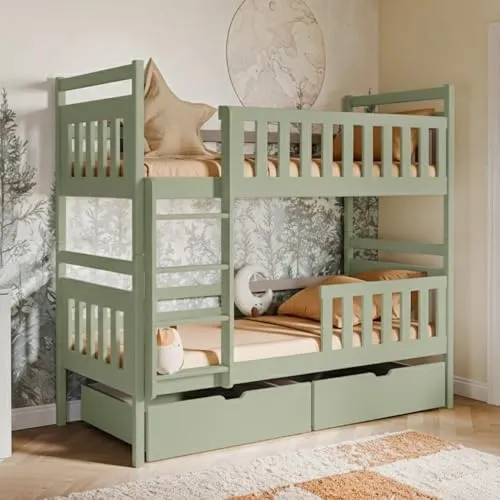 Etagenbett, Kinder, Kinderbett, 90x200 cm Bett | Mit 2 Schubladen, senkrechter Leiter & Absturzsicherung | Platzsparendes Hochbett für das Kinderzimmer | 97x208x171 cm (BxTxH) | Olivgrün