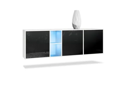 Vladon Sideboard Cuba mit LED-Beleuchtung - Modernes Sideboard in Weiß matt/Schwarz Hochglanz, ideal für stilvolle Aufbewahrung und mit innovativer Push-to-Open-Technik für reibungsloses Öffnen.