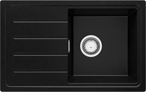 PRIMAGRAN Spülbecken Schwarz 70x44cm, Granitspüle 1 Becken + Ablauf-Set, Küchenspüle ab 45er Unterschrank - Kopenhagen Easy S019