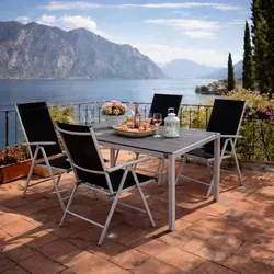 5tlg Gartenmöbel Set Alu Non-Wood 180x90 cm mit 4 Klappstühlen - Stilvolles Aluminium-Gartenmöbel Set mit einem großzügigen Tisch und 4 klappbaren Hochlehner-Stühlen. Pflegeleicht und stabil, ideal für Terrasse oder Balkon.