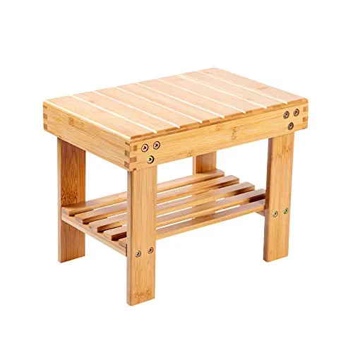 Utoplike holzhocker,fußbank Holz,Kleiner Bambus-Hocker mit Ablage, rutschfest und leicht, für Schlafzimmer, Dusche