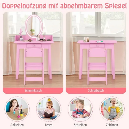 Kinder-Frisiertisch mit Hocker, LED-Spiegel, Stauraum