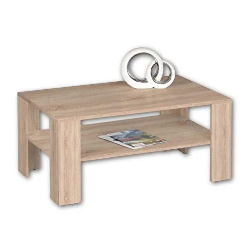 JOKER Couchtisch in Sonoma Eiche Optik - Beistelltisch fürs Wohnzimmer mit viel Stauraum auf zwei Ebenen für Zeitschriften und Deko. Zeitloses Design in verschiedenen Optiken, ideal für minimalistische Räume.