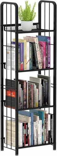 Leiterregal, Bücherregal mit 4 Ebenen, Freistehendes Regal, Büroregal, Standregal, Stabiler Metallrahmen, Lagerregal für Wohnzimmer, Schlafzimmer, Büro, Arbeitszimmer, Industrieller Stil, Schwarz