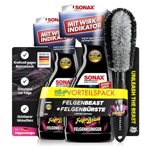 SONAX FelgenBeast Felgenreiniger (2x 500ml) Set + Shiny Freaks Felgenbürste | Wheel Cleaner für Alufelgen Stahlfelgen Speichen Bremsstaub Radpflege Felgenreinigung Autopflege außen | 3-teilig