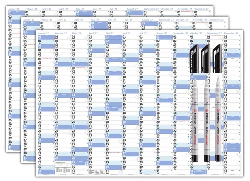 3x Wandkalender DIN A1 2027 blau abwischbar mit 3 Stiften - Praktischer Wandkalender für 2027 im DIN A1 Format (84x59 cm), ideal für die Planung. Mit abwischbarer Oberfläche und deutschen Feiertagen, perfekt für Zuhause oder im Büro.