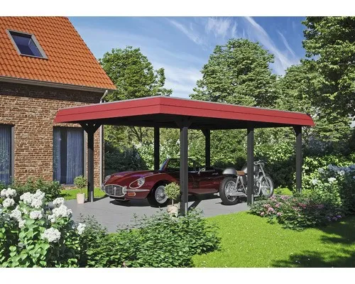Einzelcarport SKAN HOLZ Wendland mit roter Blende - Carport aus hochwertigem Holz mit Flachdach und Pfostenanker, ideal für den Schutz Ihres Fahrzeugs und in ansprechendem anthrazitfarbenen Design.