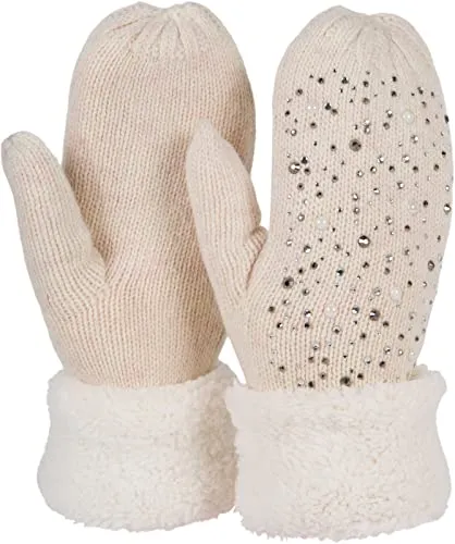 styleBREAKER Damen warme Winter Strick Fäustlinge mit Strass und Perlen, Handschuhe, Thermo Fleece, Strickhandschuhe 09010039, Farbe:Beige