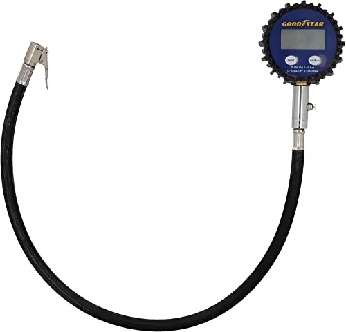 Goodyear Reifendruck-Prüfer mit digitaler Druckanzeige mit Beleuchtung, Messgerät für Auto, Motorrad, LKW, Messbereich: 0-10 bar, Schlauchlänge: 50 cm, schwarz