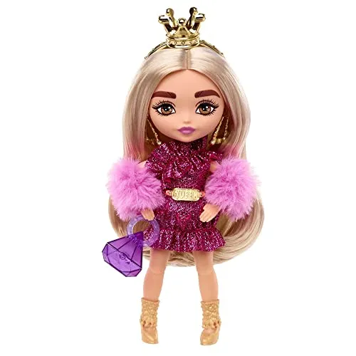 Barbie Extra Minis, blondem Pferdeschwanz, Goldener Krone, Ohrringen und Königinnengürtel, lila Diamanttasche, rosa Paillettenkleid, inkl. Barbiepuppe, Geschenk für Kinder ab 3 Jahren,HJK67