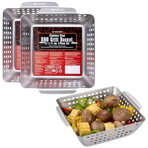 Navaris Edelstahl Grillschale 2er Set - Vielseitige Grillpfanne für Gemüse - Grillkörbe aus hochwertigem Edelstahl für optimale Hitzespeicherung und verstärktes Geschmackserlebnis. Perfekt für Fleisch, Gemüse und Meeresfrüchte auf jedem Grill.