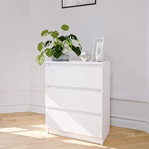 Home Collective Kommode weiß mit DREI Schubladen, Schlafzimmer Flur Kleiner Nachttisch, Schrank, Sideboard, Highboard, Breite 60 cm Höhe 77cm
