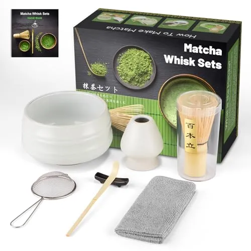7PCS Matcha Kit Japanische Zeremonie,Matcha Tea Set,Bambuslöffel, Bambusschaufel, Peitschenhalter, Matcha-Set für die Teezeremonie (Schale – Mattweiß, Matcha Besen – Bambus)