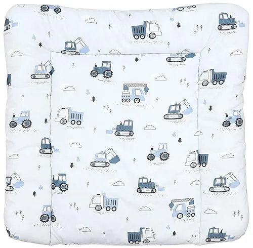 TupTam Baby Wickeltischauflage mit Baumwollbezug Gemustert, Farbe: Baufahrzeuge/Bagger/Blau/Hellgrau, Größe: 70 x 50 cm