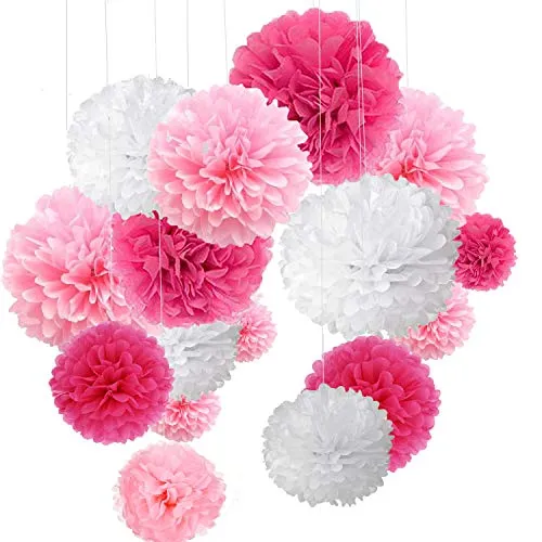 15er Set Pompoms Deko Bunt Seidenpapier Pompons für Hochzeit, Geburtstag, Party Rot Rosa Weiß (3pcs*30.5cm/6pcs*25cm/6pcs*15.5cm)