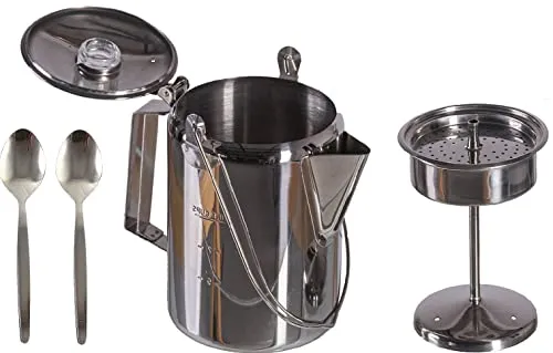 blntackle76 Kaffeekanne Edelstahl mit Perkolator für 9 Tassen (1,2ltr) Aufbrüh Kesssel + 2 Kaffeelöffel gratis Camping Kaffee unterwegs kompakt