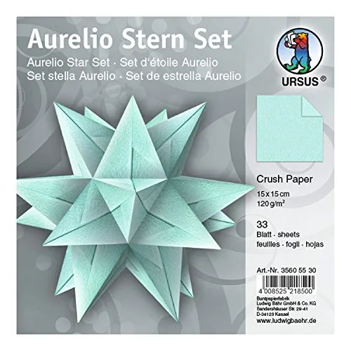 Ursus 35605530 - Faltblätter Aurelio Stern Crush Paper, mint, 33 Blatt, aus Papier 120 g/qm, ca. 15 x 15 cm, beidseitig bedruckt, einseitig mit Metallic Effekt, ideal als Weihnachtsdeko