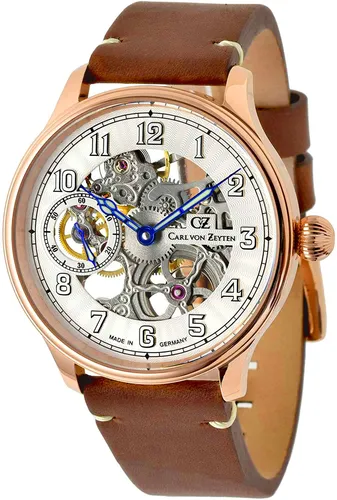 Carl von Zeyten CVZ0021RWH Herrenuhr Lahr Automatik 45mm - Braun/Weiß - Elegante Herrenuhr mit skelettiertem Zifferblatt und hochwertigem Roségold-Gehäuse. Automatikwerk, 3 ATM wasserdicht, ideal für stilbewusste Männer.