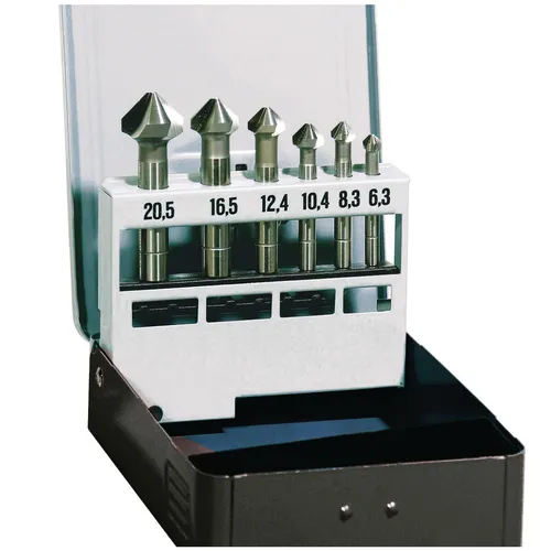 Optimum Kegelsenker-Satz 6-teilig: 6/8/10/11,5/15/19 mm - Präzisionswerkzeug-Satz für saubere und exakte Senkungen, ideal für Metallbearbeitung und Heimwerkerprojekte.