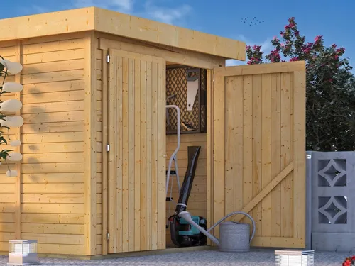 Karibu Gartenhaus Anbauschrank naturbelassen, 77x217 cm - Praktischer Anbauschrank für Karibu Gartenhäuser, gefertigt aus langlebigem Fichtenholz mit 19 mm Wandstärke. Ideal für vielseitige Nutzung als Geräteunterstand oder Hobbyraum. Einfache Montage durch bewährtes Steck- und Schraubsystem.