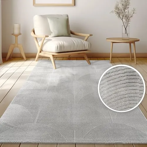 Paco Home Teppich Wohnzimmer Kurzflor, Moderne geometrische abstrakte Muster, 3D-Effekt, Regenbogen und Karo Design, glänzend luxuriös Ton in Ton, Farbe:Anthrazit - Bogen, Grösse:230x320 cm