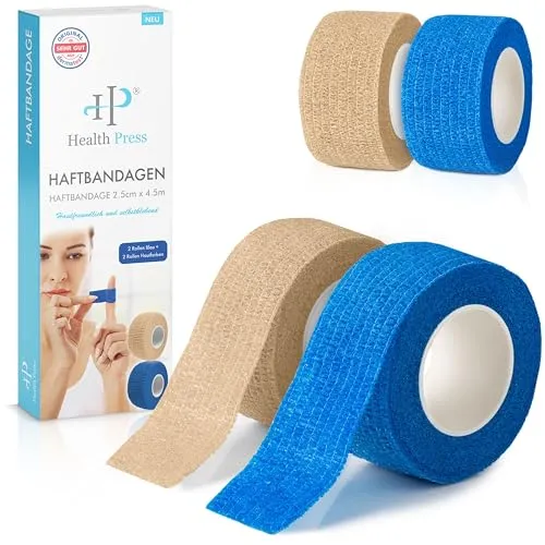 Health Press® Fingerpflaster Selbsthaftend – 4x Pflaster Rolle (2,5cm x 4,5m) – Verband Selbstklebend – Elastisches Tape wasserfest – Staub-, Fett- & Schmutzabweisendes Pflasterband (2 Blau + 2 Beige)