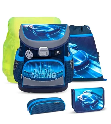 Belmil ergonomischer Schulranzen Set 5-teilig mit Regenschutz 1, 2 Klasse Grundschule/Super Leicht 800-860 g/Brustgurt 405-33/AG/S/R (Racing Blue Neon 2)