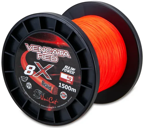 Uni Cat geflochtene Wallerschnur Vencata Red Line 8X 0,50mm - Hochwertige geflochtene Schnur mit 48kg Tragkraft für zuverlässiges Süßwasserangeln. Ideal für Spinnfischen, bietet optimale Leistung und Langlebigkeit.