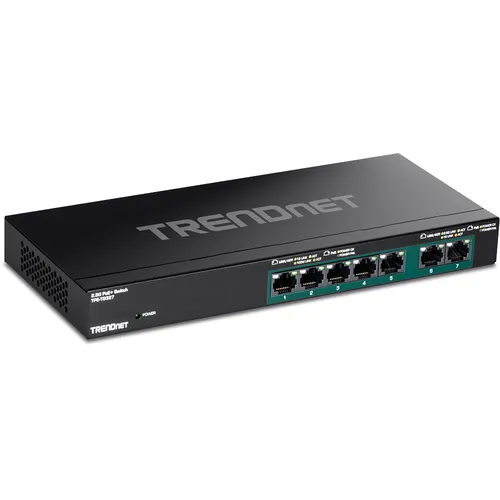 TRENDnet 7-Port PoE+ Switch Multi-Gigabit (TPE-TG327) - Switch & Gateway mit 7 Anschlüssen, unterstützt Power over Ethernet (PoE+) mit 70 W und bietet eine hohe Switching-Kapazität von 20 Gbit/s für effiziente Netzwerklösungen.