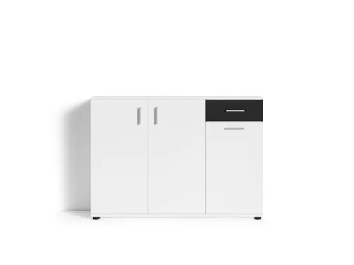 byLIVING Kommode Jakob - 3-türig mit Schublade in Schwarz und Matt Weiß - Moderne Kommode in matt weiß mit schwarzen Akzenten, kratzfeste Melaminbeschichtung und 4 verstellbare Regalfächer. Nachhaltig aus FSC-zertifizierten Holzwerkstoffen gefertigt. Maße: B 110, H 83,5, T 35,5 cm.