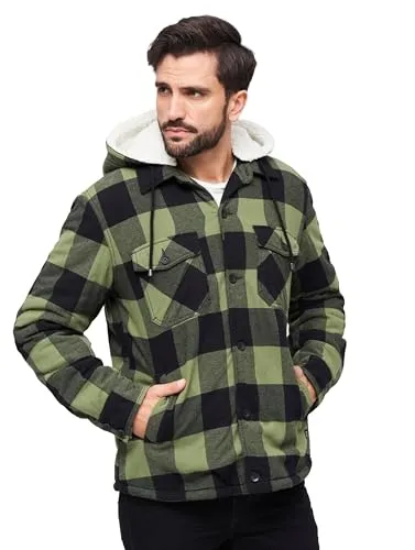 Brandit Lumber Jacke, schwarz/grün, 2XL - Wattierte Flanelljacke mit Teddyfell, ideal für kalte Tage. Ausgestattet mit abtrennbarer Kapuze, 2 Brust- und 2 Seitentaschen. Perfekter Begleiter für Freizeit und Outdoor-Aktivitäten.