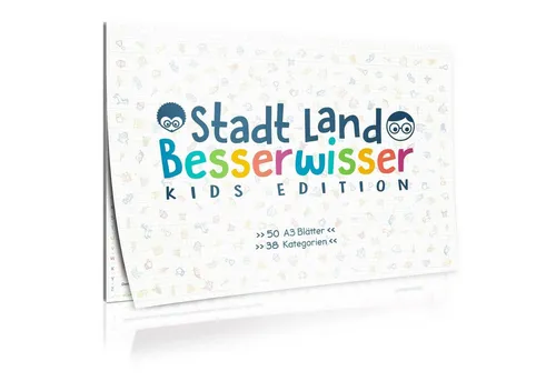 Goods+Gadgets Spiel Spiele-Klassiker Junior Edition, Stadt, Land, Besserwisser Kids, XXL Neuauflage mit 38 Kategorien