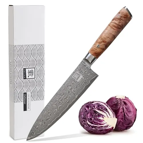 Zayiko Kinone Damast Chefmesser 20 cm - Küchenmesser aus 67 Lagen Damaszenerstahl mit edlem Birken Wurzelholzgriff – für präzises Schneiden von Fleisch, Fisch und Gemüse. Ein Meisterwerk der Handwerkskunst, ideal für Hobby- und Profiköche.