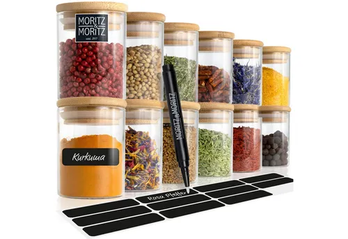 MoritzundMoritz Vorratsglas 2467, 12er Set mit Bambusdeckel - Küchenhelfer, luftdicht und aromadicht mit hochwertigen Bambusdeckeln, perfekt für Gewürze und Tee, spülmaschinengeeignet und bruchfest aus Borosilikat-Glas.
