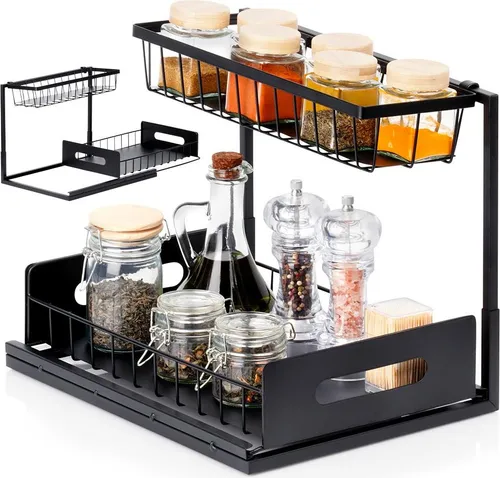 Küchenregal aus Metall mit ausziehbarer Schublade, Schwarz, 36 x 27 x 28,5 cm