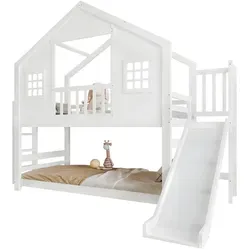 Etagenbett mit Kinderrutsche, Kinderbett, Exquisites Fenster- und Dachdesign, Stabiler Lattenrost und Stufen, Kiefer + MDF+Sperrholz, Weiß, 90x200cm