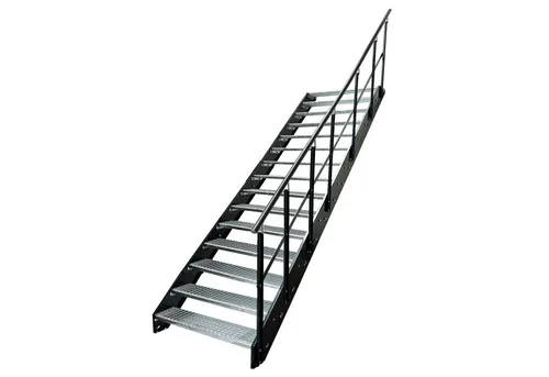 Kaminbau Mierzwa Außentreppe Stahltreppe 15 Stufen verzinkt Wangen mit und ohne Geländer Anthrazit, für Geschosshöhen bis 285 cm, Stufen Gitterroststufen nach DIN 24531, (Stufenbreite und Geländerart wählbar), Aus Premium Materialien hergestellt