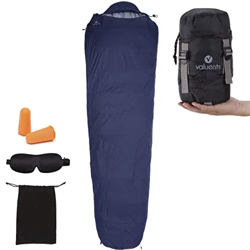 Produktbild valuents Outdoor Daunenschlafsack 215cm– Ultraleicht und warm – Füllung: Entendaunen (190g) – down Sleeping Bag – kleines Packmaß +Plus: Schlafmaske & Ohrstöpsel