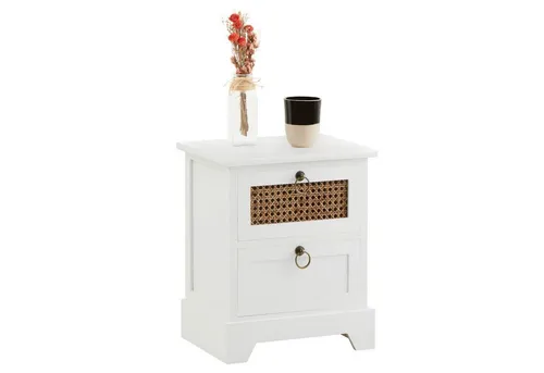 Caro-Möbel Nachttisch Padma mit 2 Schubladen - Nachttisch im Retro Boho Design aus robustem Paulownia Holz mit Wiener Geflecht, bietet viel Stauraum und charmante Messinggriffe.