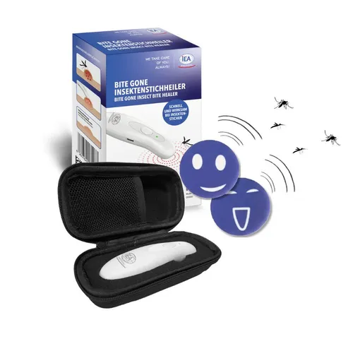 IEA Medical Insektenstichheiler Outdoor-Set Stichheiler USB-C, Mückenschutzpflaster, Schutztasche, Bundle, 3-tlg., 3-in-1 Set: Insektenstichheiler + Schutztasche + Mückenpflaster, Mückenschutz & Anwendung nach dem Stich, ohne Spray, für unterwegs