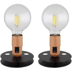 Beistellleuchte Tischlampe im Industrial Stil – Schwarz mit Holzoptik