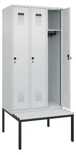 Garderobenschrank, untergeb. Sitzbank, Kunststoff-Sitzleisten, 3 Abteile, Abt.B 300 mm, Drehriegel, BxTxH 900x500x2120 mm, RAL 7035