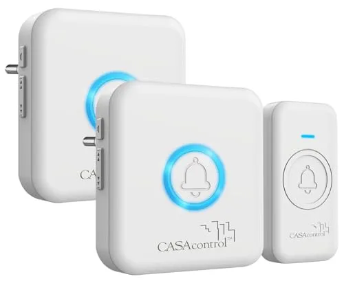 CASAcontrol Optische Klingel: Funk-Klingel-Taster & 2 Steckdosen-Empfänger, 64 Melodien, IP56, weiß (Funkklingel für Schwerhörige, Funkklingel mit optischem Signal, Steckdose)