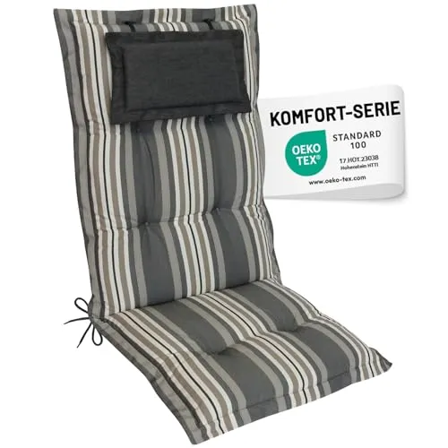 Herlag Hochlehnerauflage Ava mit Kopfpolster - Gartenstuhlauflage 123x50x9cm, bietet hohen Komfort und rutschfeste Anbringung durch Bindebänder, ideal für entspannte Stunden auf Terrasse oder Balkon.