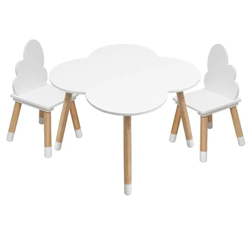 Rebecca Mobili Kindertisch und Stühle Set, Stühle und Tisch für Kinderzimmermöbel Hellbraun Weiß, MDF, Nordic Style - Größe: 44 x 60 x 60 cm / 50 x 25 x 25 cm - Art. RE6733