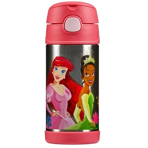 Thermos kids FUNTAINER STRAW BOTTLE DISNEY 0,35 l, Princesses, Thermoflasche Kinder aus Edelstahl mit Trinkhalm, 12 h kalt, spülmaschinenfest, dicht ohne Kohlensäure, Disney Flasche für Kita, Schule