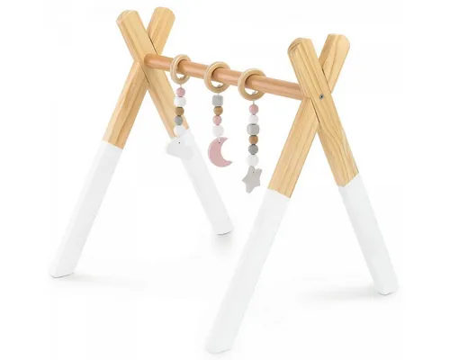 mamabrum Holz Baby Gym Lernständer mit 3 Anhängern – Sicher für Neugeborene – Montessori inspiriert - Fördert die Sinne und Motorik: Mit austauschbaren Anhängern zur Stimulation von Tastsinn und Sehsinn. Hergestellt aus natürlichem Holz mit sicherem Finish, ideal für die ersten Lebensmonate. Leicht und kompakt für jedes Kinderzimmer.